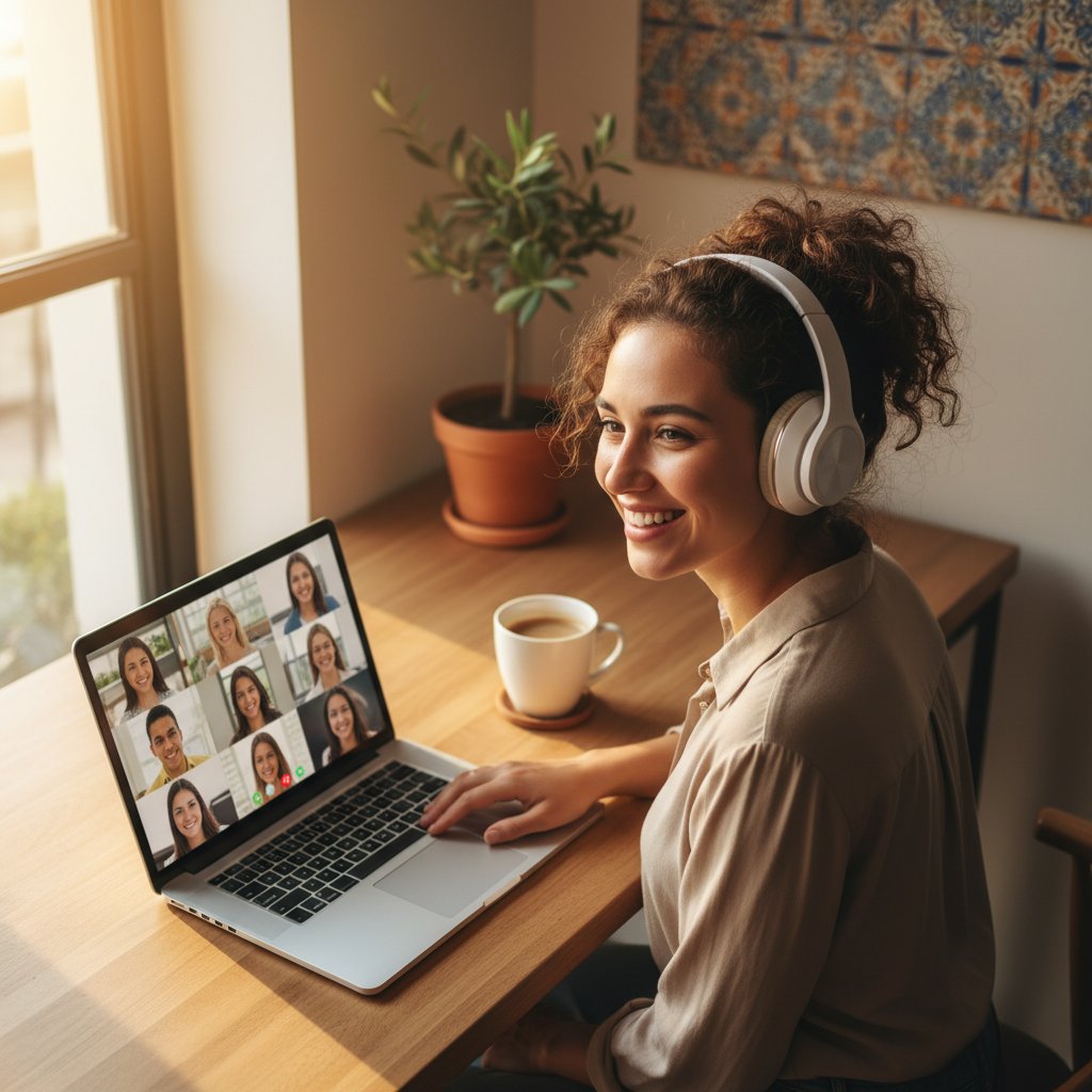 Student learning Spanish online through video call with native teacher